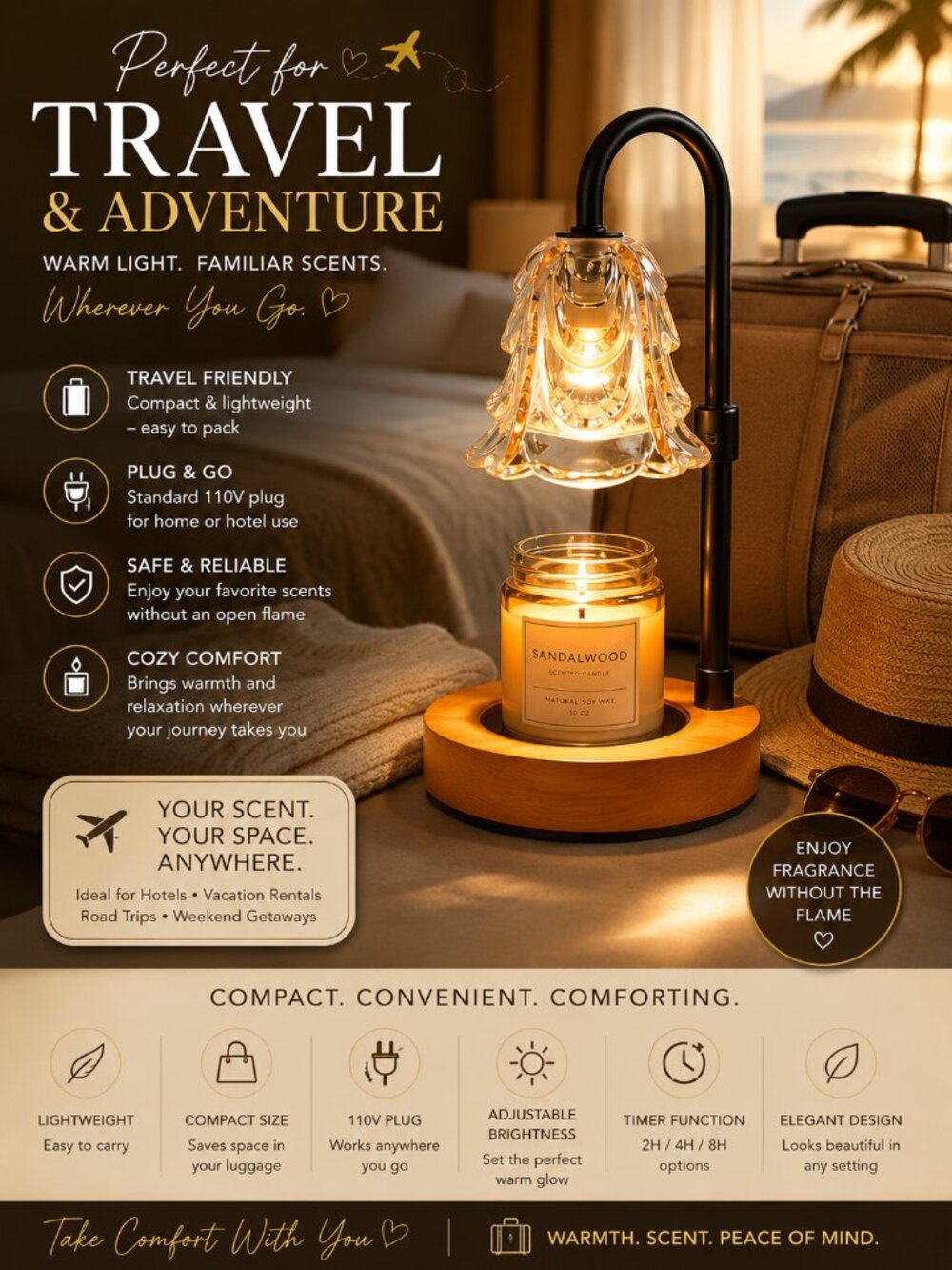 Adjustable Candle Warmer Lamp with Dimmer | Polished Wood Base Tabletop Wax Warm